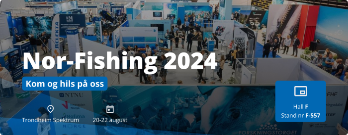 Banner med dato og sted: Trallefabrikken er med på Nor-Fishing i Trondheim