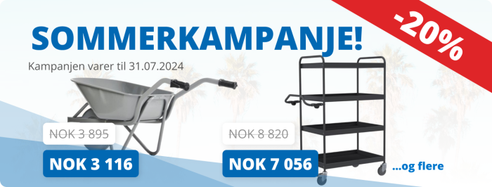 Sommerkampanje banner med helsveiset trillebår og hyllevogn