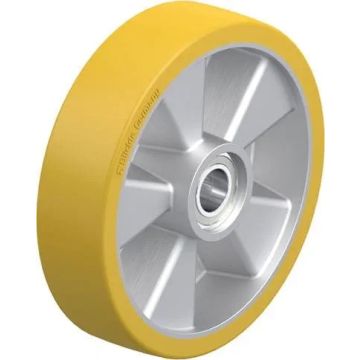 Styrehjul til jekketralle med polyuretanbane og kulelager 200 × 50 mm – 800 kg, akselhull 25 mm