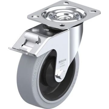 Svingbart svertefritt gummihjul med brems, nylonfelg og kulelager 125 mm – 150 kg