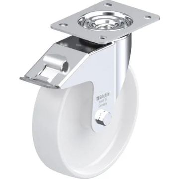 Svingbart nylonhjul med brems og glidelager 200 mm – 300 kg