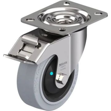 Rustfritt svingbart gummihjul med kulelager og brems 100 mm – 150 kg