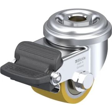 Svingbart polyuretanhjul med hjulbrems og senterhull 35 mm – 100 kg