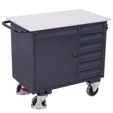 ESD-verktøyvogn – 400 kg, 6 skuffer og skap, EasySTOP