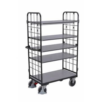 Hylletralle 850 × 500 mm, 5 hyller, gittergavler, brems – antrasittgrå