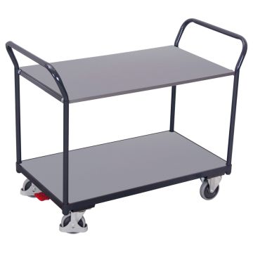 Trillebord 850×500 mm, flate hyller og brems – antrasittgrå Trillebord 850×500 mm, flate hyller og brems – antrasittgrå