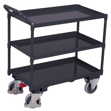 Trillebord 845 × 495 mm, 3 oljetette hyller og brems – bøylehåndtak, grå