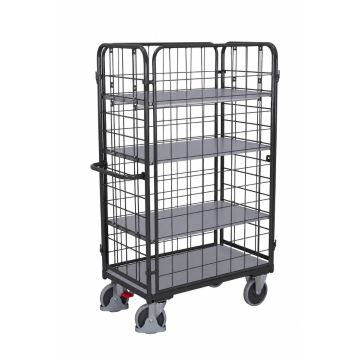 Hylletralle 1000×600 mm, 4 hyller, 4 gittervegger, brems – antrasittgrå