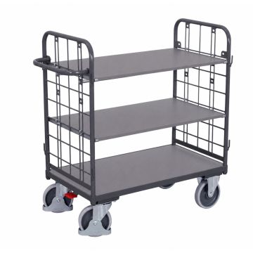 Hylletralle 1000×700 mm, 3 hyller, gittergavler, brems – antrasittgrå