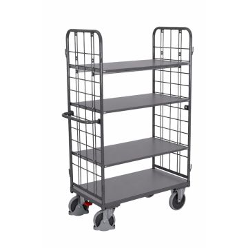 Hylletralle 1000×700 mm, 4 hyller, gittergavler, brems – antrasittgrå