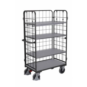 Hylletralle 1000×700, 4 hyller, 3 gittervegger, brems – antrasittgrå