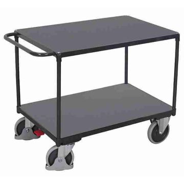 Trillebord 1000 × 700 mm, 2 hyller og brems – 500 kg, grå