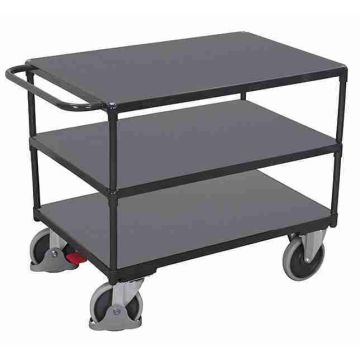 Trillebord 1000 × 700 mm, 3 hyller og brems – 500 kg, grå